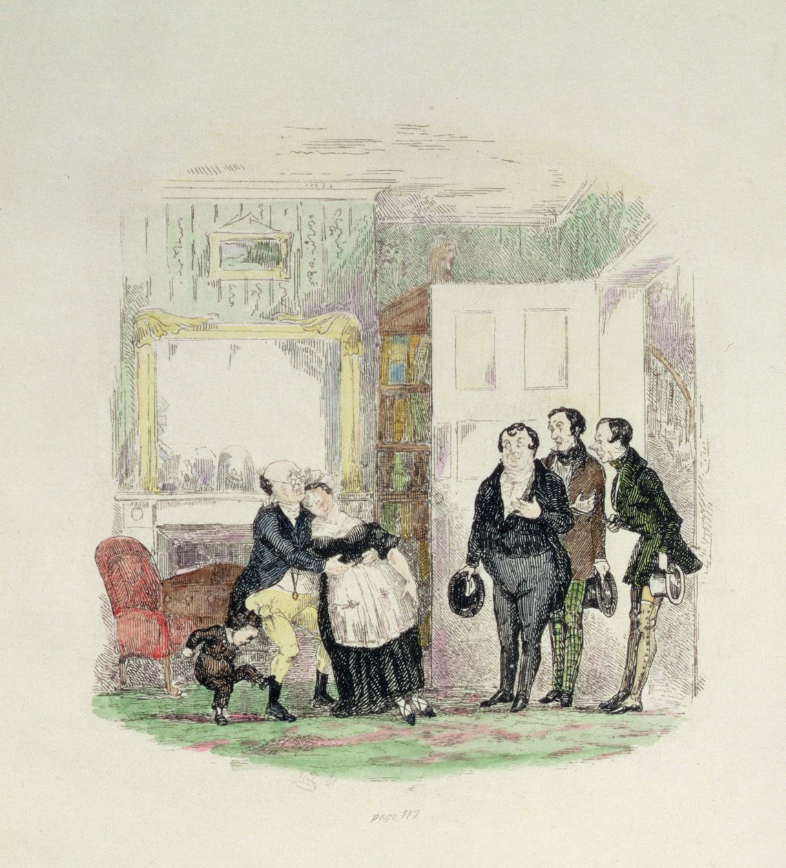 Pickwick先生被他的朋友和Bardell夫人抱在怀里，查尔斯·狄更斯（1812-70）1837年的“Pickwick Papers”（彩色版画） 作者 Hablot骑士布朗