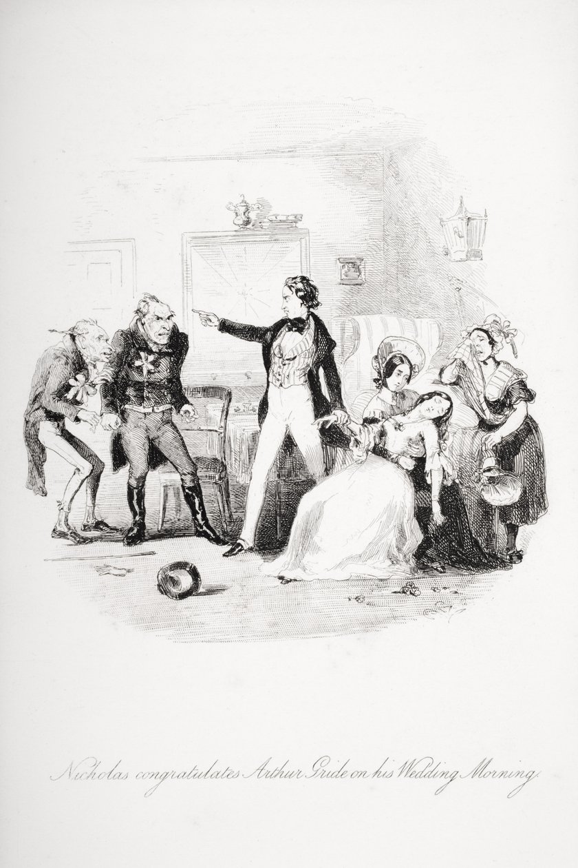 尼古拉斯在他的婚礼早晨祝贺亚瑟·格里德，1839年查尔斯·狄更斯（1812-70）的“尼古拉斯·尼克莱比”插图（另见259152） 作者 Hablot骑士布朗
