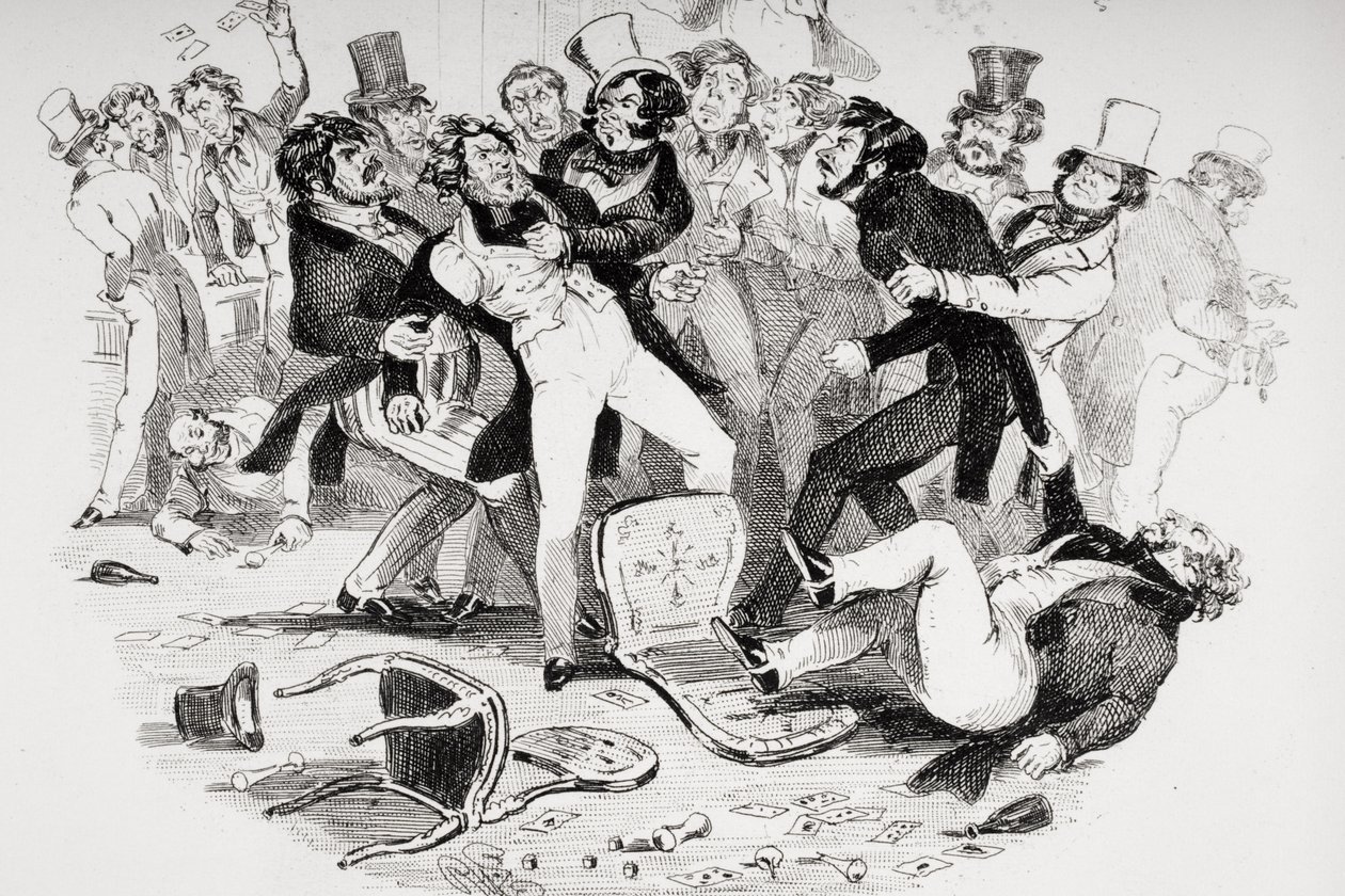 Mulberry爵士和他的学生之间的最后争吵，Charles Dickens（1812-70）的“Nicholas Nickleby”插图发表于1839年（光刻）（另见249150） 作者 Hablot骑士布朗