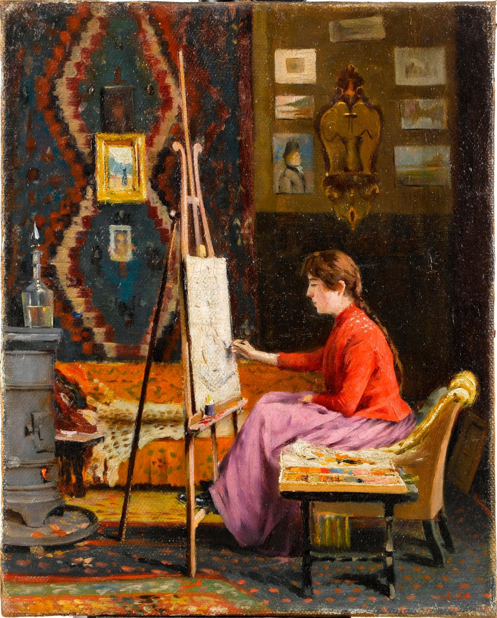《她工作室里的年轻女孩画家》（女孩画家和她的工作室）由 Halil Pasha（Pasa，Pacha）（1857-1939）绘画，1939 年布面油画，尺寸 41x33 厘米，伊斯坦布尔 Sakip Sabanci 博物馆 作者 哈利尔·帕夏（Halil Pasha）
