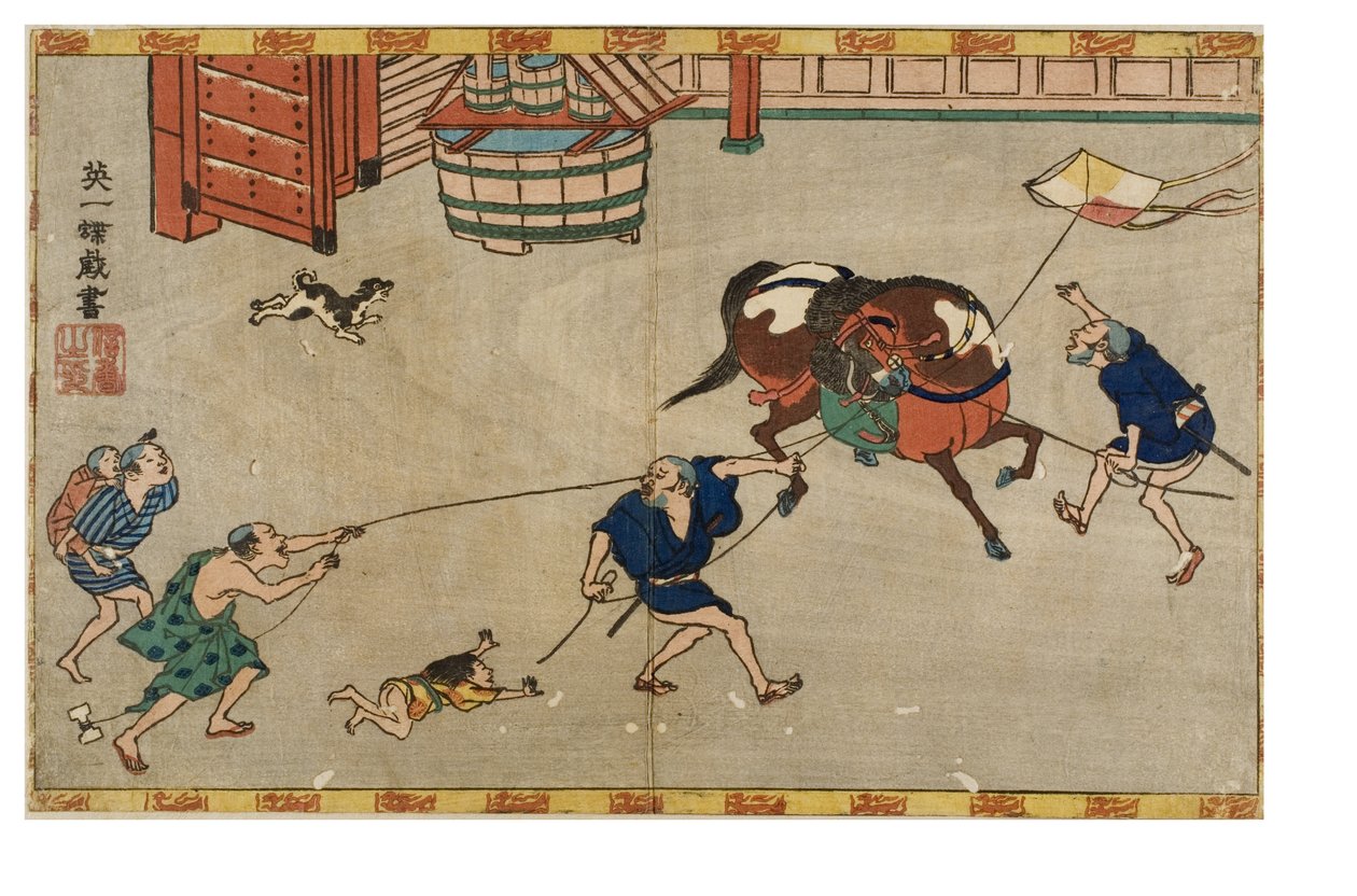 马被风筝惊动，约1830-1839（纸上木版画） 作者 花房伊藤