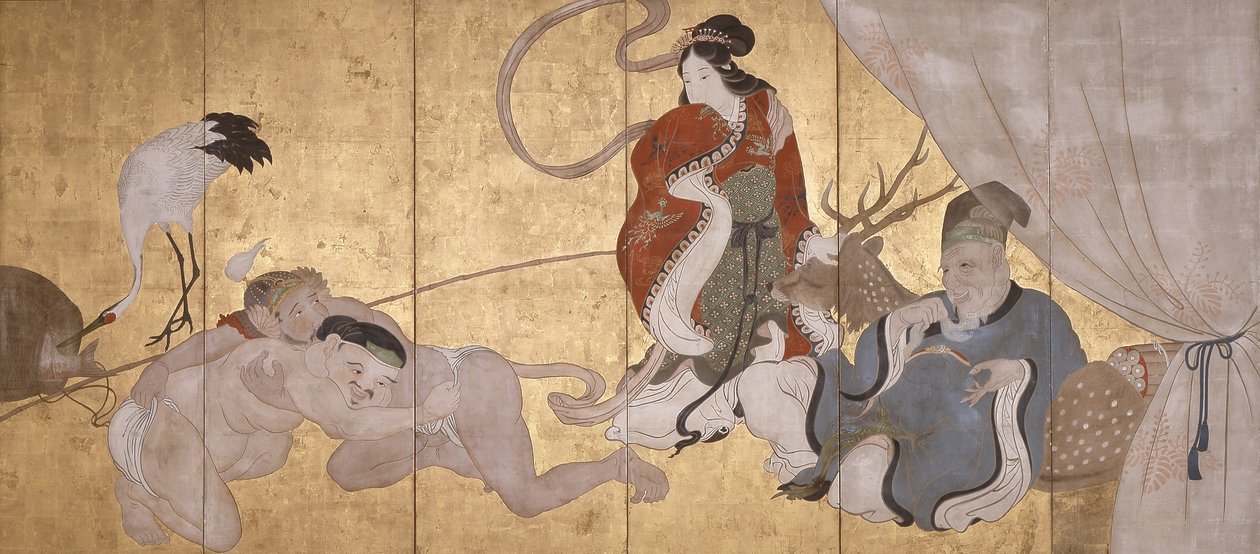 七福神》（纸本水墨、彩色和金箔，六折屏风） 作者 花房伊藤