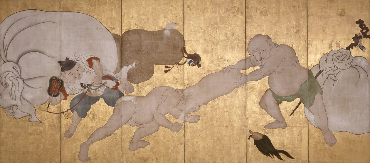 七福神》（纸本水墨、彩色和金箔，六折屏风） 作者 花房伊藤