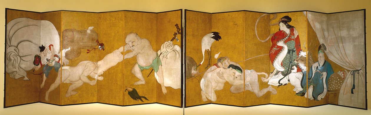 七福神（水墨设色金箔纸本六折屏风） 作者 花房伊藤