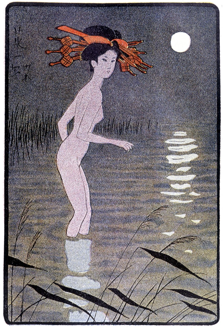Young Japanese bathing in a pond in the moonlight - in “” Japanese doll”” by Félicien Champsaur, ill. Hanafusa Itcho, Paris 作者 花房伊藤