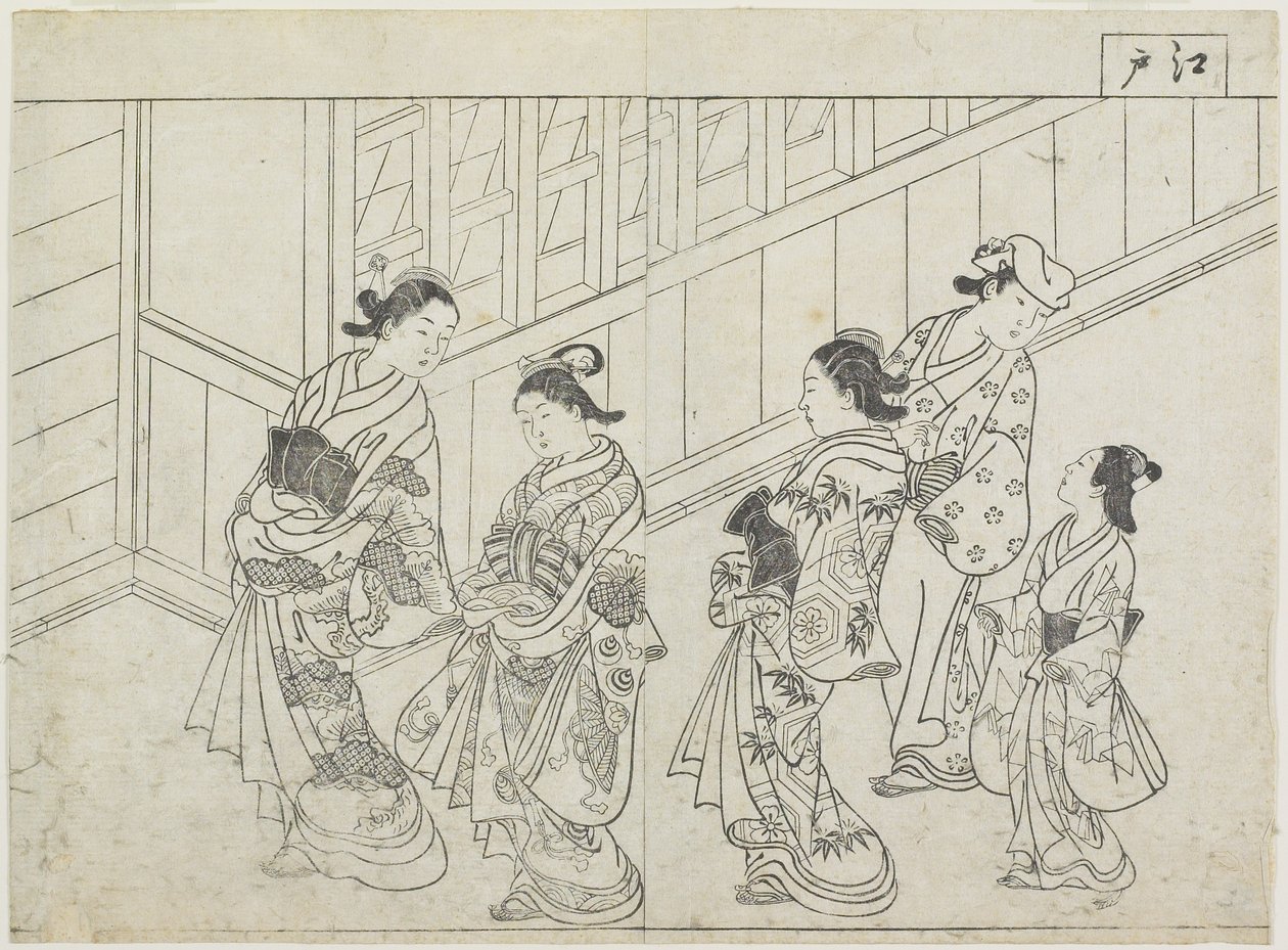 十七世纪七十年代早期在房子前面的五个妓女（木版画） 作者 花usa重信