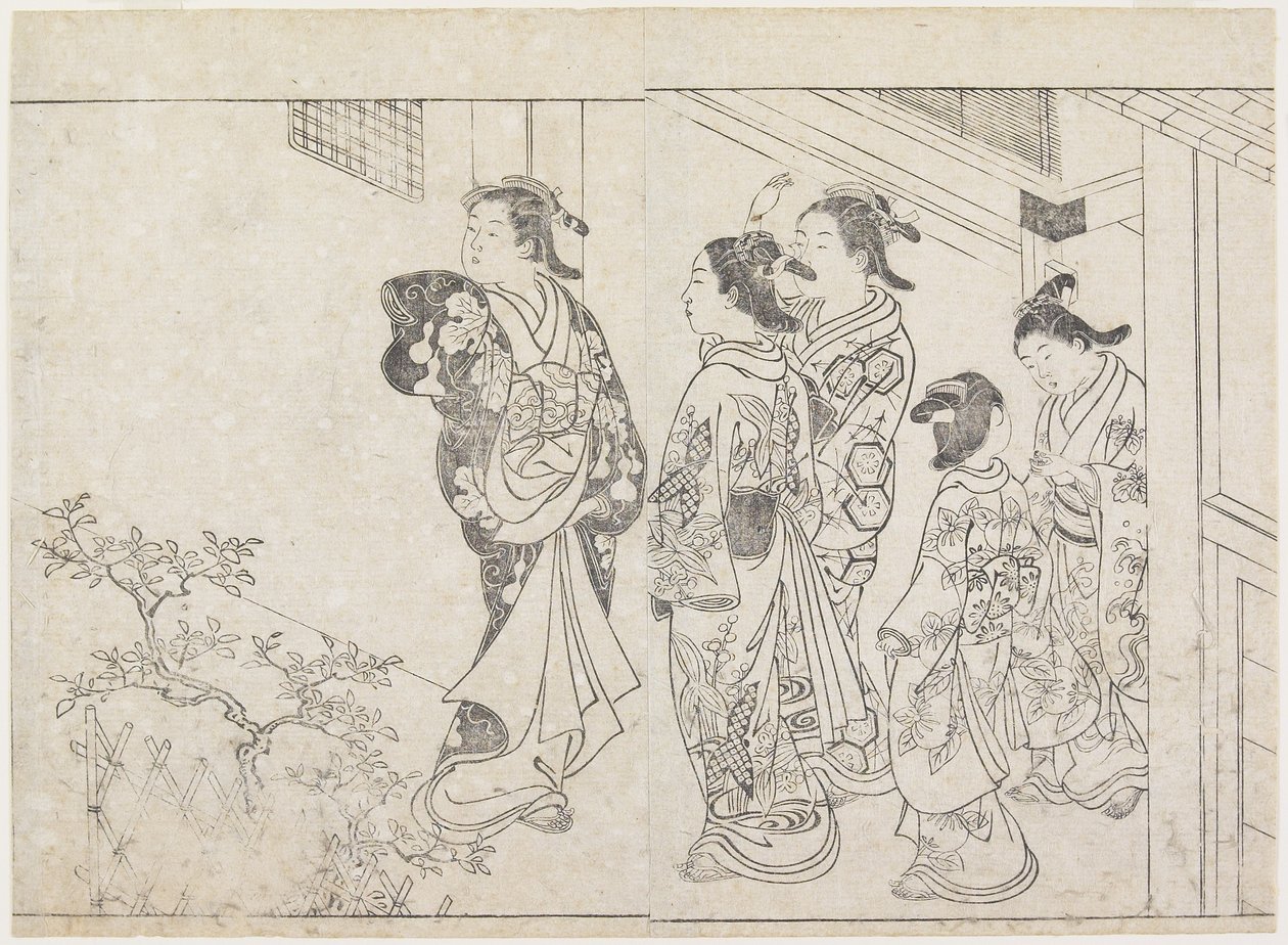 1770年代早期的五个妓女在庭院里（木版画） 作者 花usa重信