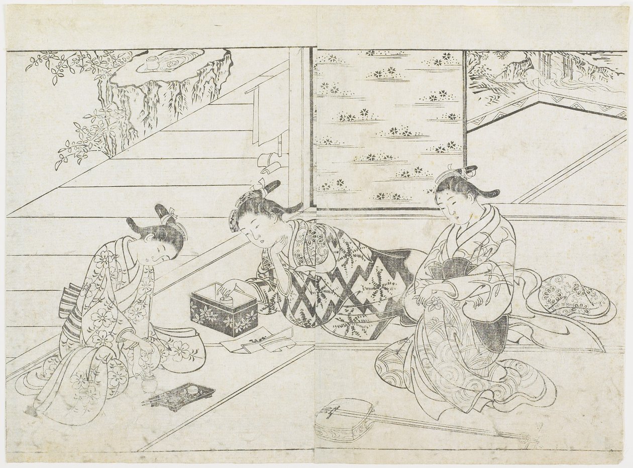 一个房间里的三个妓女，1770年代早期（木版画） 作者 花usa重信