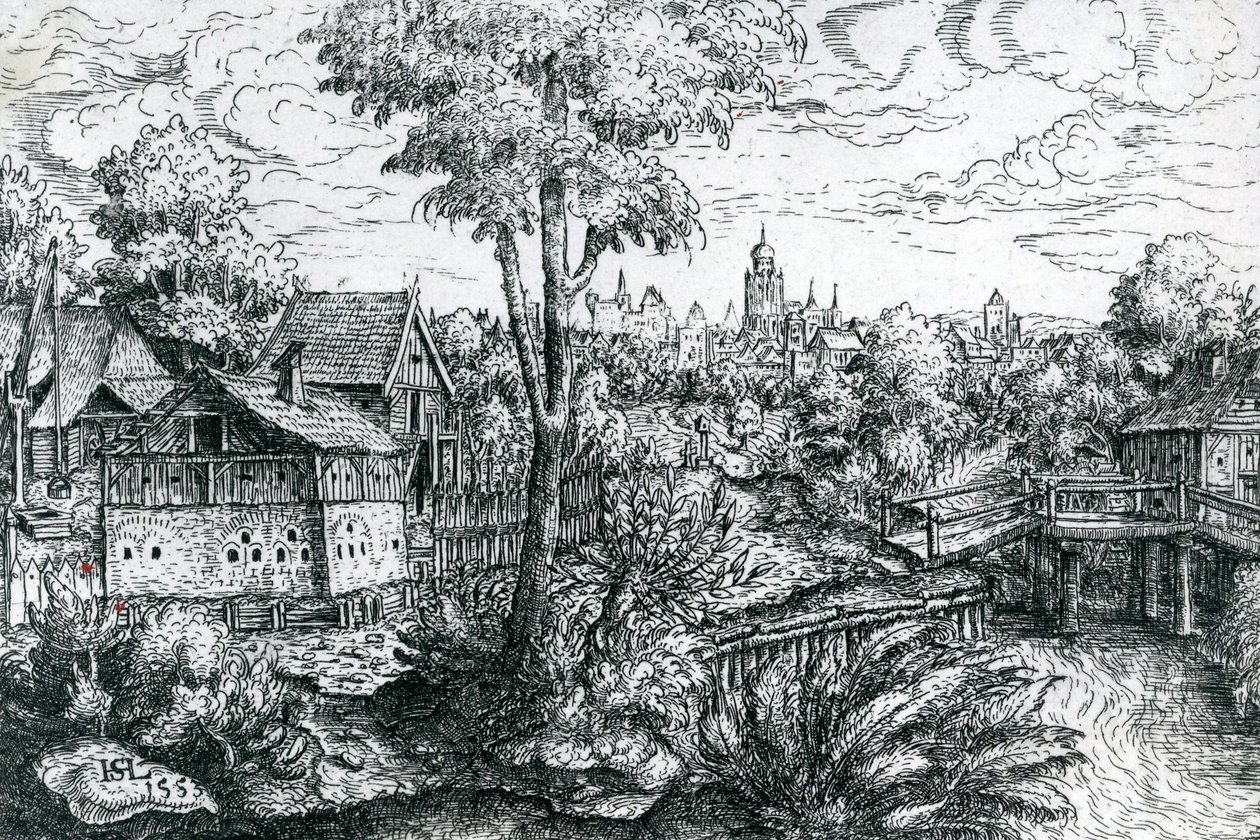 在水车附近的桥，1553年 作者 汉斯·塞巴尔德·劳滕萨克