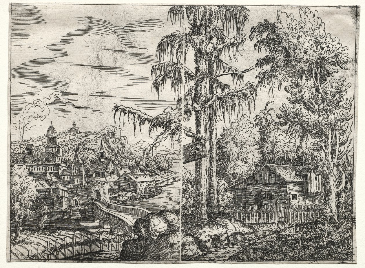 河畔小镇和树间小屋的风景画 作者 汉斯劳滕萨克