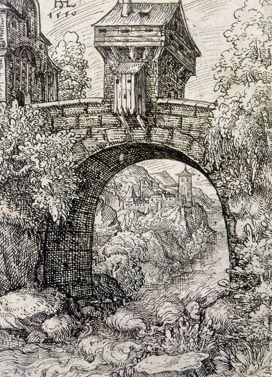 Countryside with bridge gate and water, c.1550 (etching) 作者 汉斯·塞巴尔德·劳滕萨克