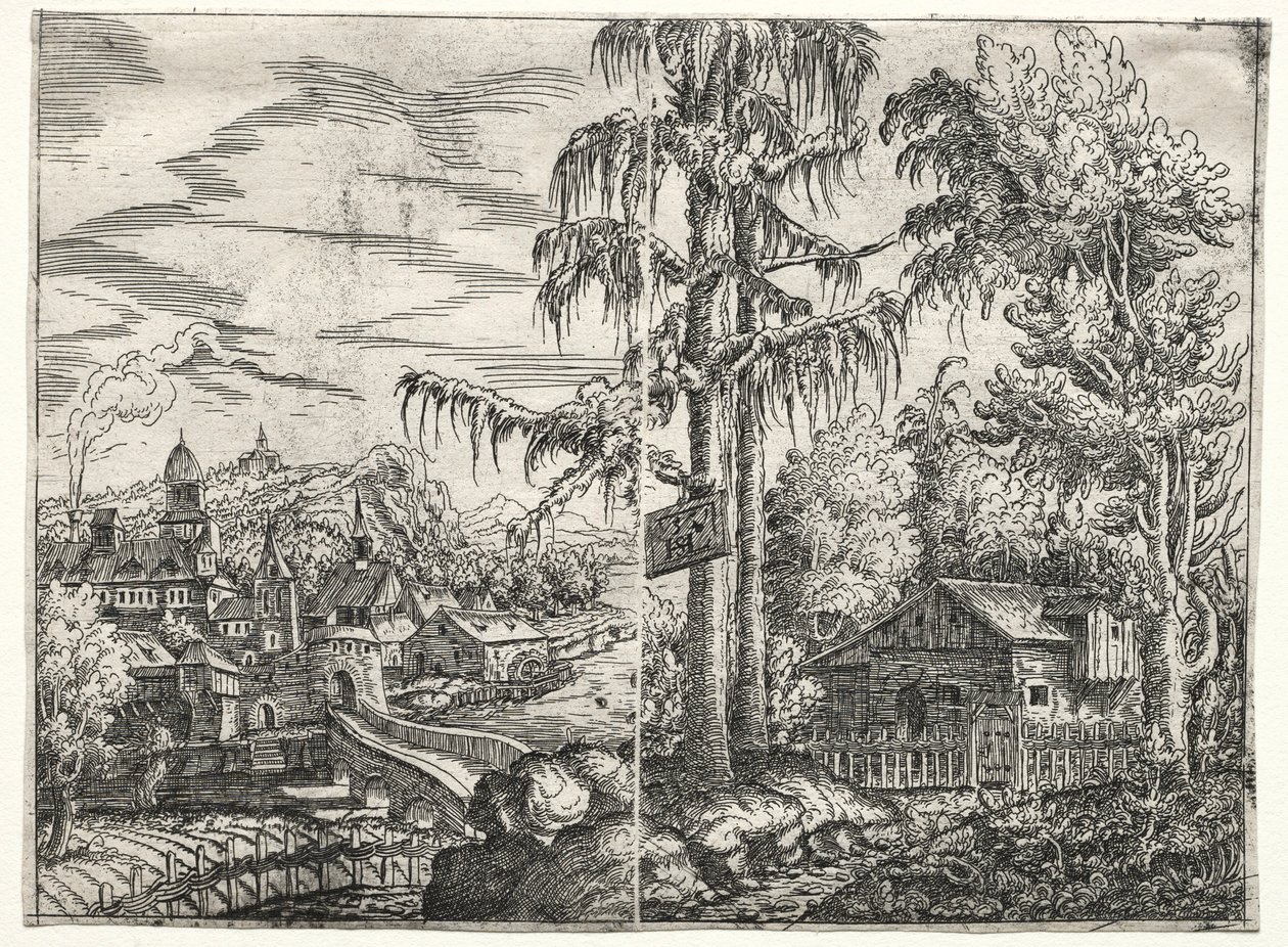 景观与河流上的小镇和树间小屋，1551年。 作者 汉斯·塞巴尔德·劳滕萨克
