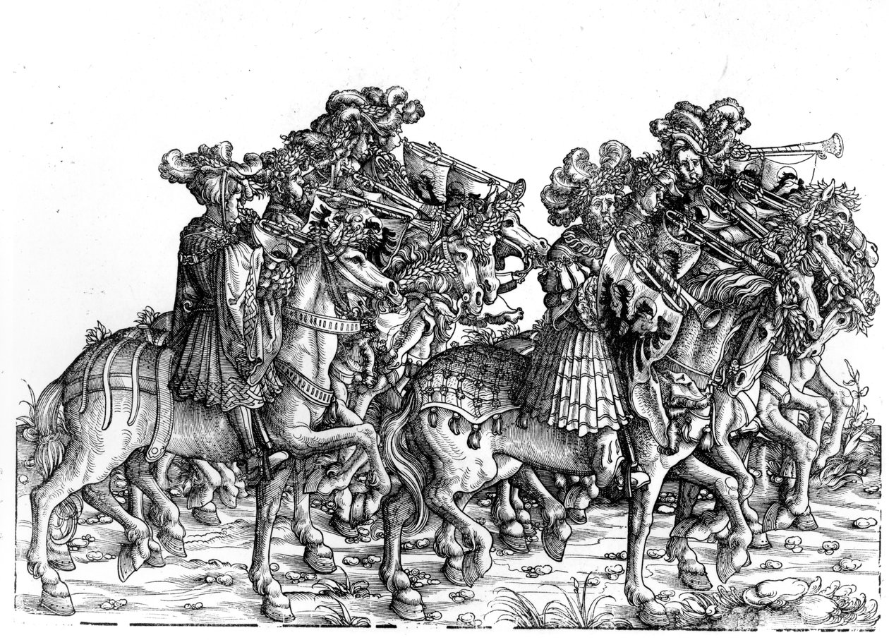 十个音乐家与号角，来自马克西米利安一世的凯旋游行，1517年 作者 汉斯·伯格克米尔