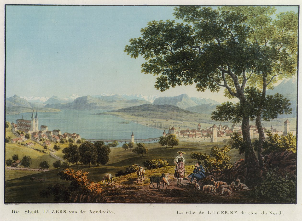 »LUCERNE市，北视图。«Hans Alinrich Keller vom Steinbock的彩色蚀刻 作者 摩ri座的汉斯·海因里希·凯勒
