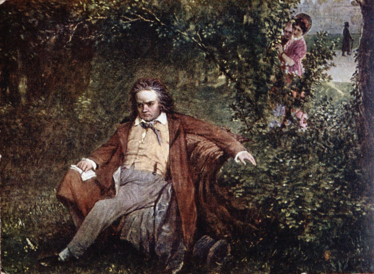 明信片描绘了Ludwig van Beethoven（1770-1827）在森林里，c.1910 作者 汉斯·莱特纳