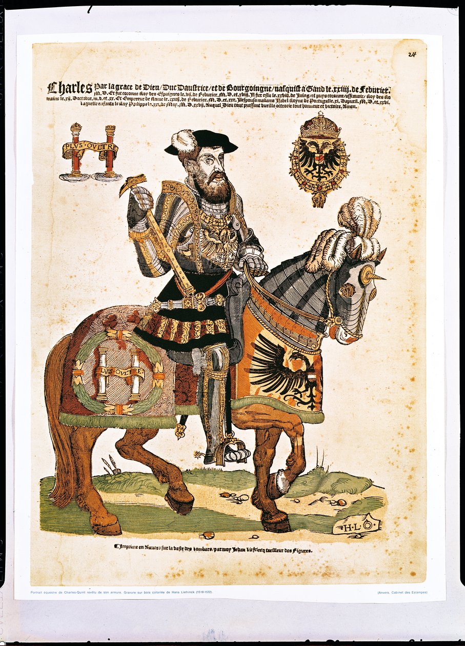 查理五世穿着盔甲的骑马肖像（1500-58）（彩色雕刻） 作者 汉斯·利夫林克