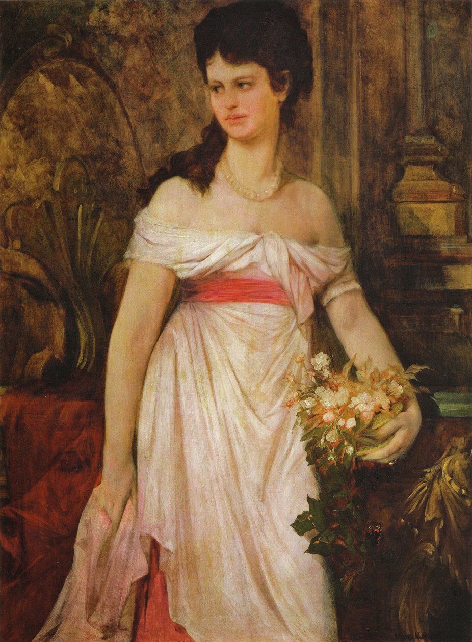 一位常设夫人的画象白色dressEnglish的：站立在一件白色礼服的夫人的画象 作者 汉斯·马卡特（Hans Makart）