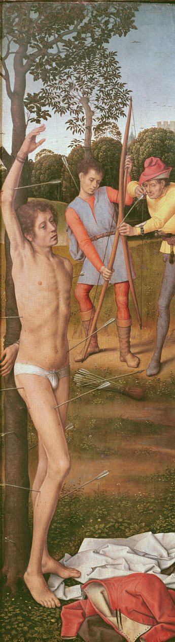 复活的三联画，左图：圣塞巴斯蒂安的殉道，c.1485-90（橡树上的油） 作者 汉斯·梅姆林