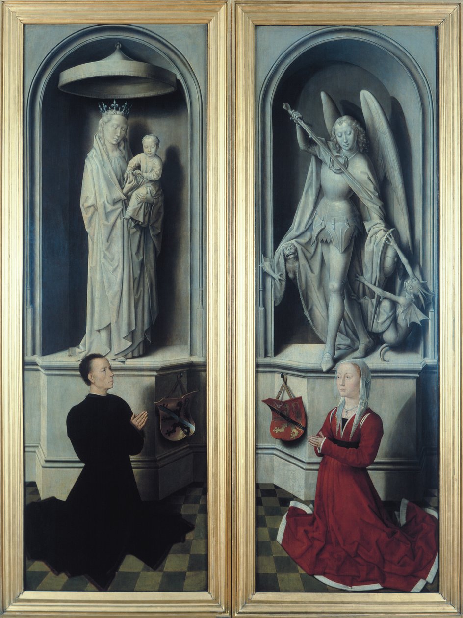 最后审判的视图，其面板关闭，描绘了捐赠者，Angelo di Jacopo Tani和他的妻子，Caterina de Tanagli，在麦当娜和儿童和圣迈克尔下面，1473年（见 作者 汉斯·梅姆林