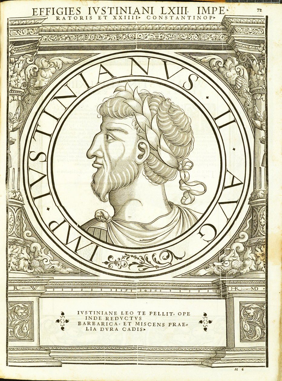 Lustinianus 2，由鲁道夫Wyssenbach，由Andreas盖斯纳，苏黎世印刷东方和西方最真实的古钱币，雕刻图像的罗马皇帝 作者 汉斯·鲁道夫·曼努埃尔·德意志