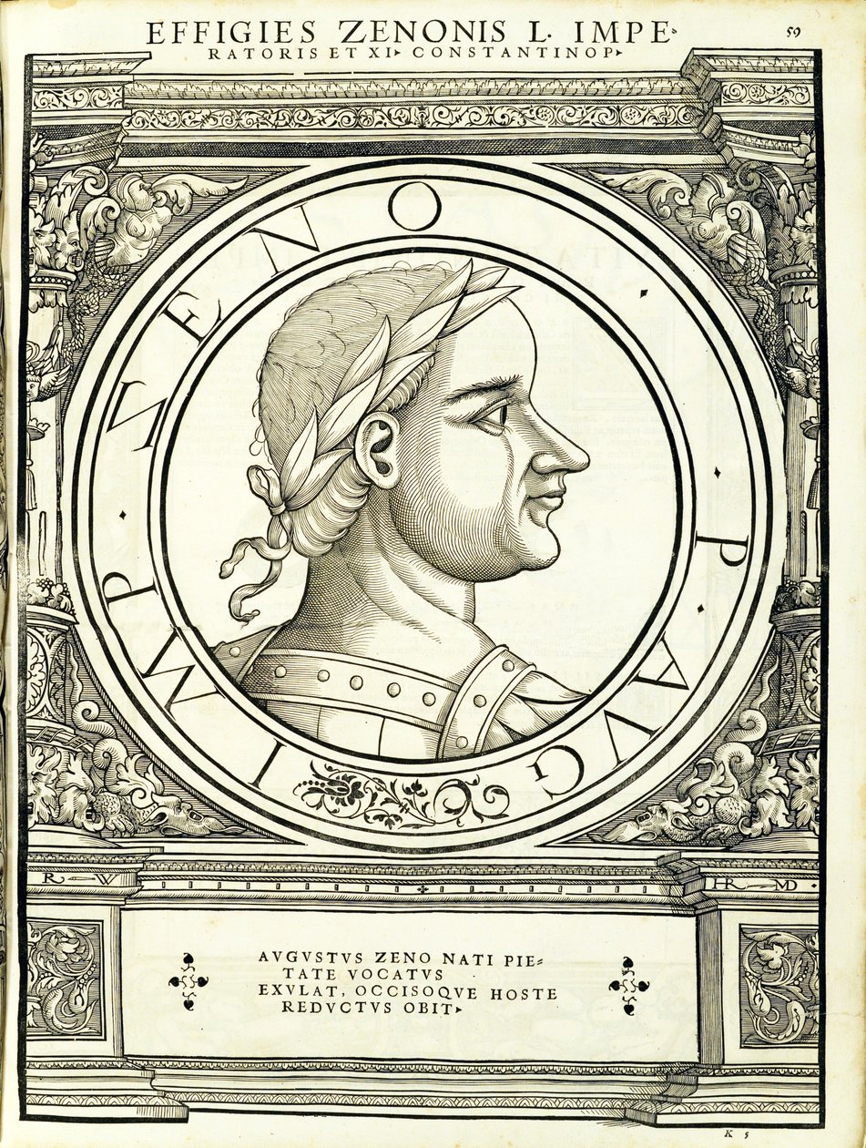 芝诺来自古钱币，由鲁道夫Wyssenbach雕刻，由Andreas盖斯纳，苏黎世，1559的印刷罗马东部和西部最真实的图像的主将（ 作者 汉斯·鲁道夫·曼努埃尔·德意志