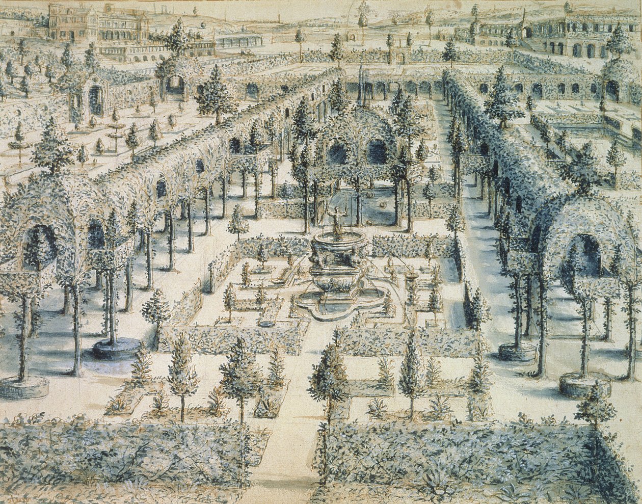 设计为观赏花园，1576年（笔，墨水和蓝色水洗纸） 作者 汉斯或扬·弗雷德曼·德·弗里斯