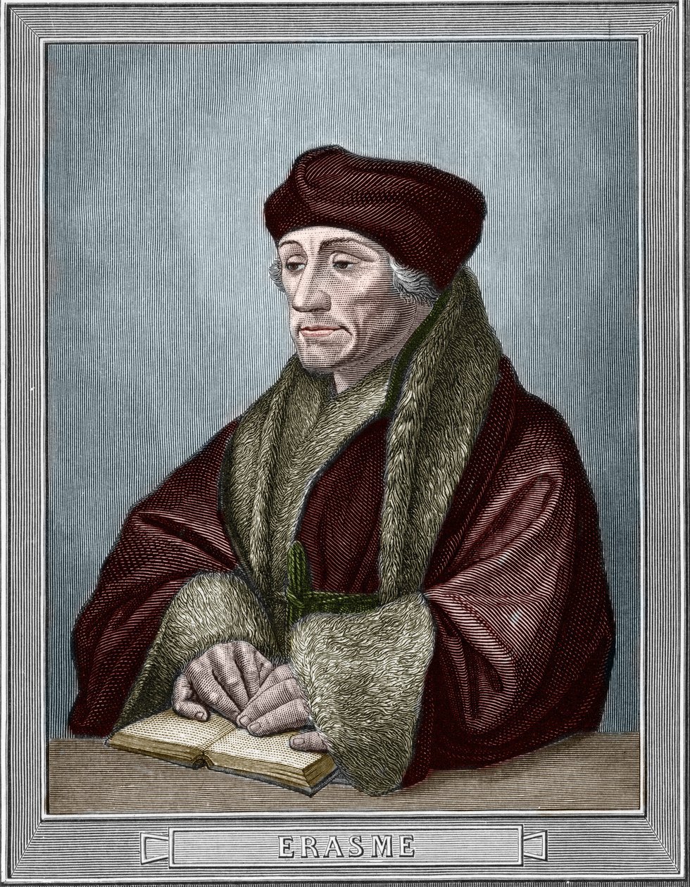 鹿特丹的伊拉斯谟（Didier Erasme）（1469 - 1536）的肖像，荷兰人文主义者。根据Holbein Hans the Young（1497-1543）的原作雕刻的。1859年在 "欧洲画廊-意大利 "中的雕刻，由Armengaud创作。私人收藏。 作者 汉斯（后）小霍尔拜因