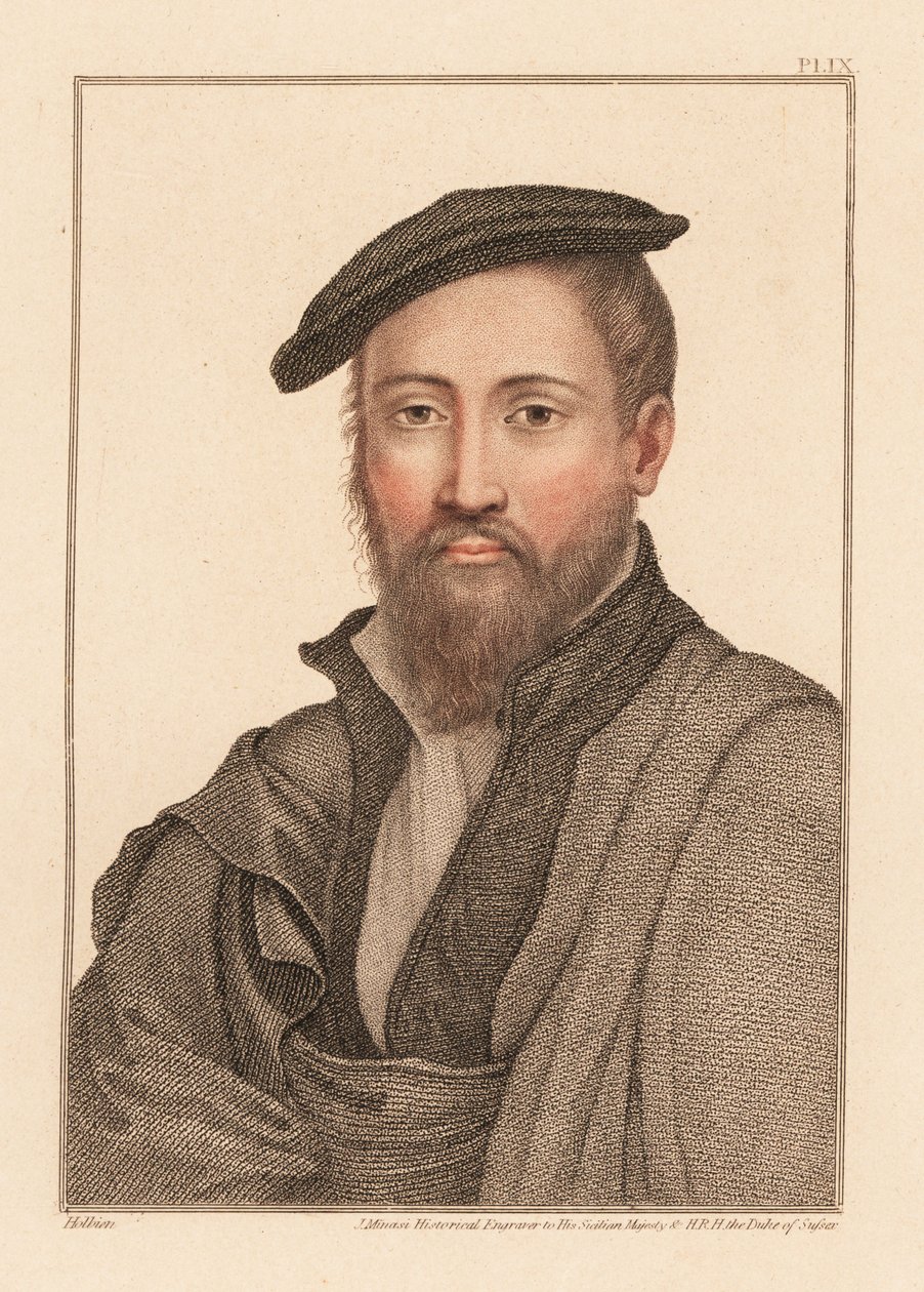 一个无名男子的肖像，亨利八世国王的宫廷，c。 1532.,1812（雕刻） 作者 汉斯（后）小霍尔拜因