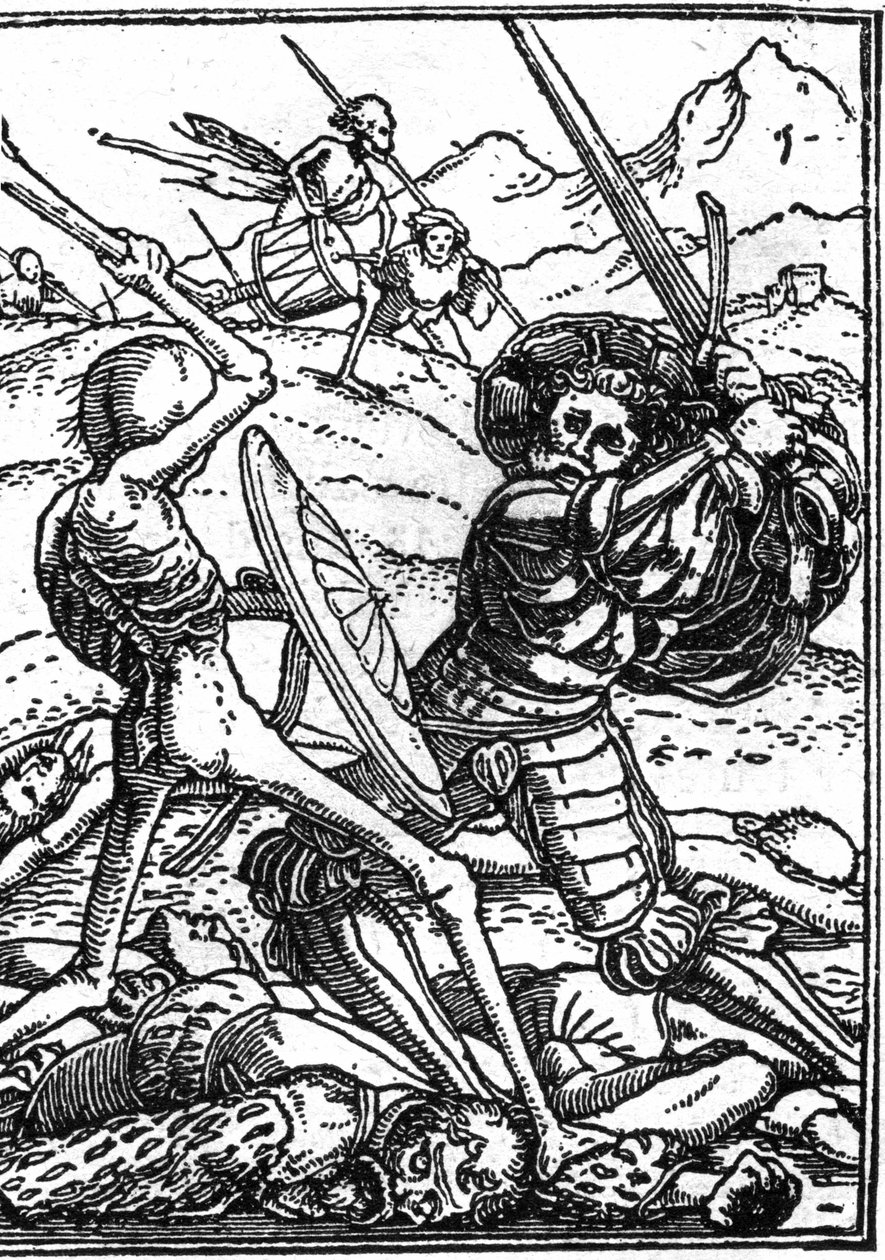小汉斯-霍尔拜因（1497-1543）的模拟死亡：士兵。一个士兵与死神搏斗；在他们脚下躺着其他战士的尸体。雕刻。 作者 汉斯（后）小霍尔拜因