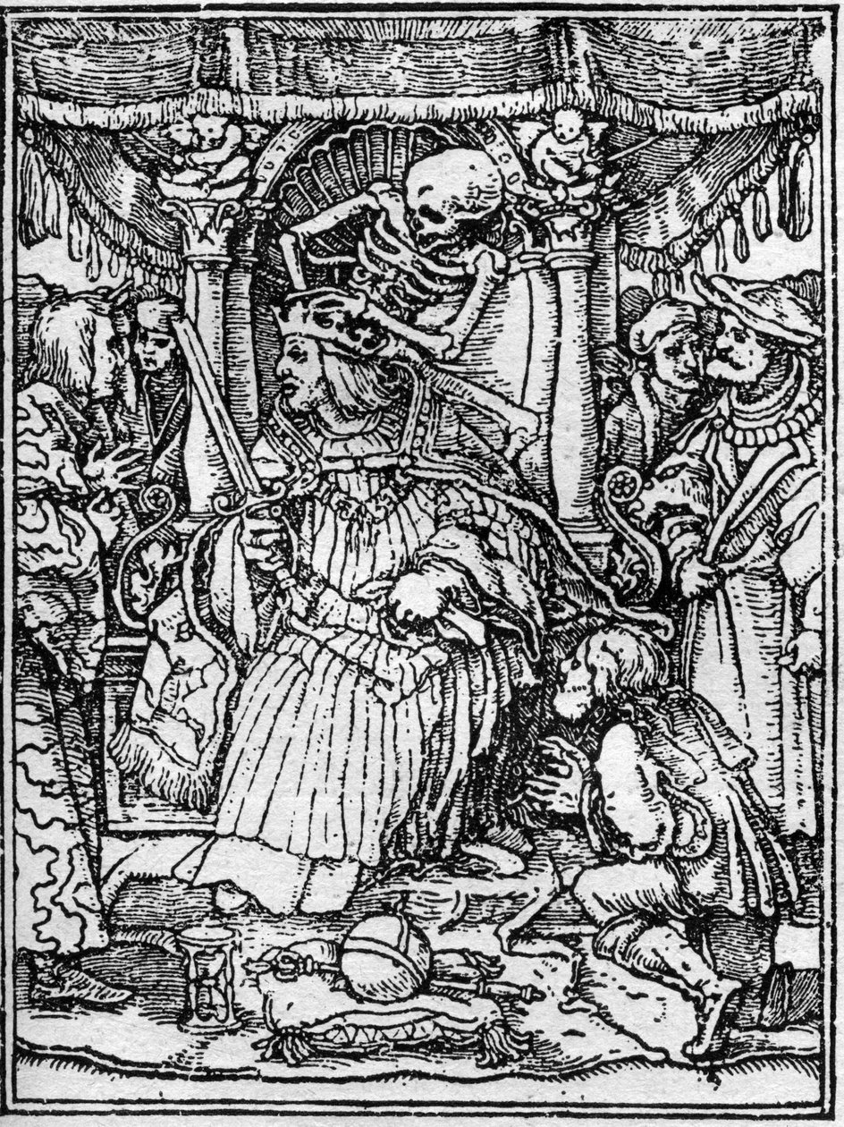 年轻的汉斯-霍尔拜因（1497-1543）的死亡模拟画：皇帝。当死神夺走皇帝的王冠时，一个农民向他乞求正义。雕刻。 作者 汉斯（后）小霍尔拜因