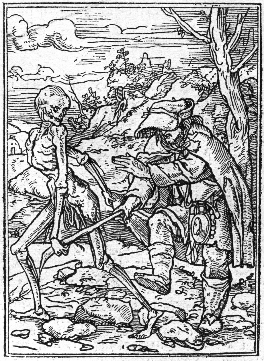 小汉斯-霍尔拜因（1497-1543）的死亡模拟画：盲人。死亡抓住了盲人的棍子，充当了向导。雕刻。 作者 汉斯（后）小霍尔拜因