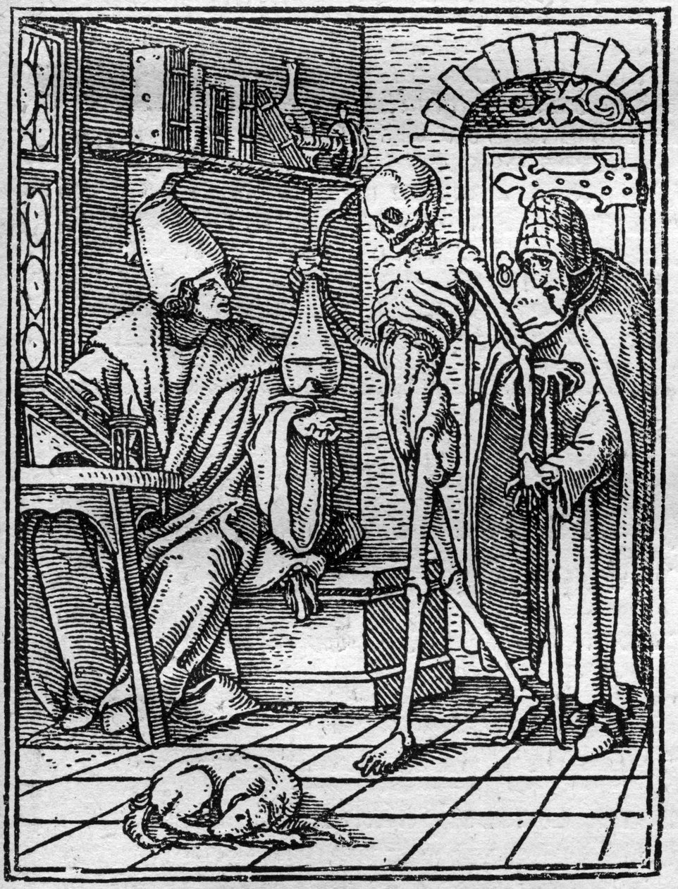 小汉斯-霍尔拜因（1497-1543）的死亡模拟画：医生。死亡出现在医生和他的病人之间。雕刻。 作者 汉斯（后）小霍尔拜因