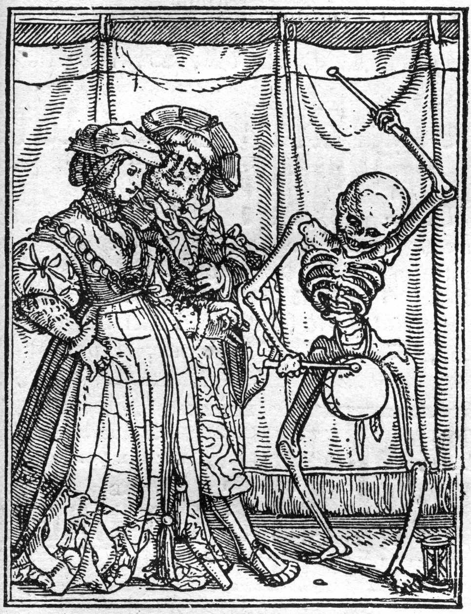 小汉斯-霍尔拜因（1497-1543）的死亡模拟画：丈夫们。死神在一对夫妇面前打鼓。雕刻。 作者 汉斯（后）小霍尔拜因