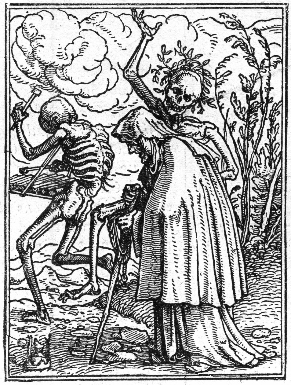 小汉斯-霍尔拜因（1497-1543）的死亡模拟画：老。死亡伴随着一位老太太走向她的命运。雕刻。 作者 汉斯（后）小霍尔拜因