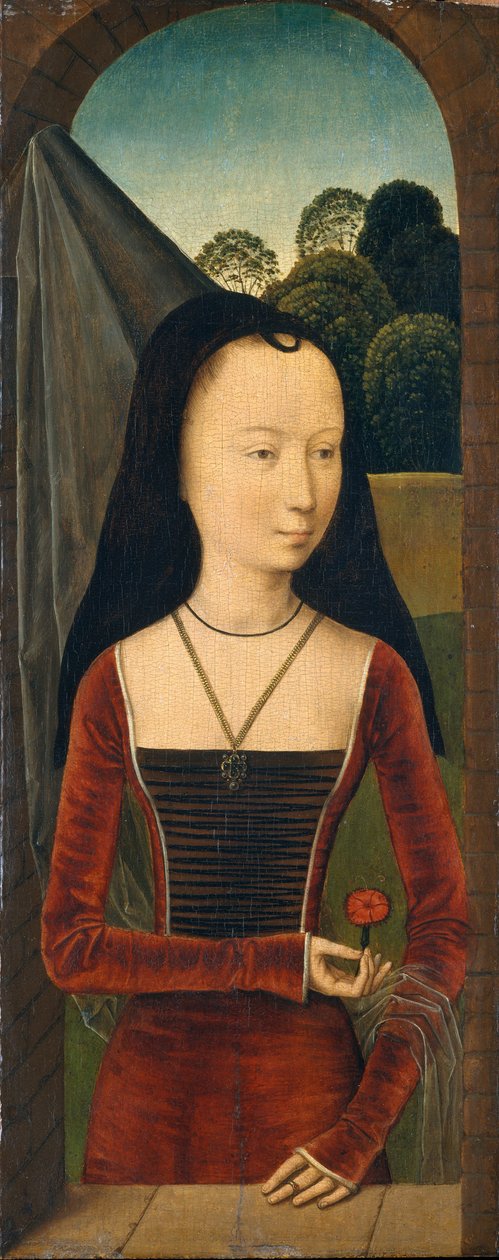 粉红色的年轻女子，c.1485-90（木头上的油） 作者 汉斯（attr.to）梅姆林