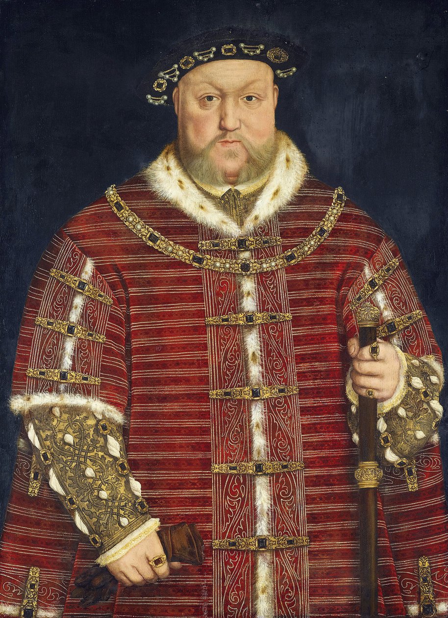 Henri VIII - Portrait of King Henry VIII of England par Holbein, Hans, the Younger, Workshop of . Oil on wood, size : 93x68 作者 汉斯（霍尔本）学校