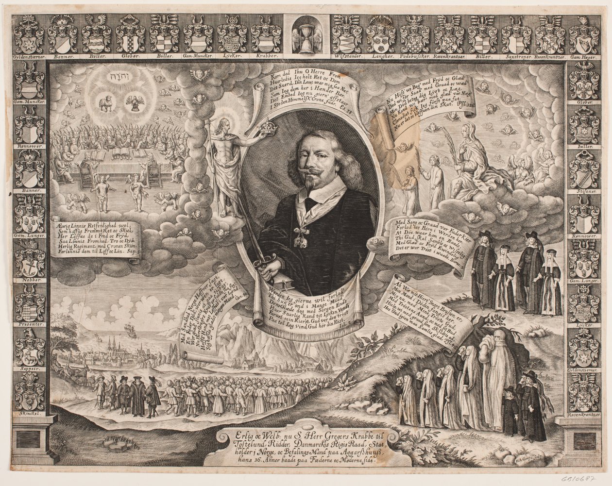 格雷格斯-克拉伯（Gregers Krabbe）致托尔斯泰德伦（Torstedlund），周围环绕着寓言和盾牌 作者 汉斯·安德烈亚斯·格雷斯