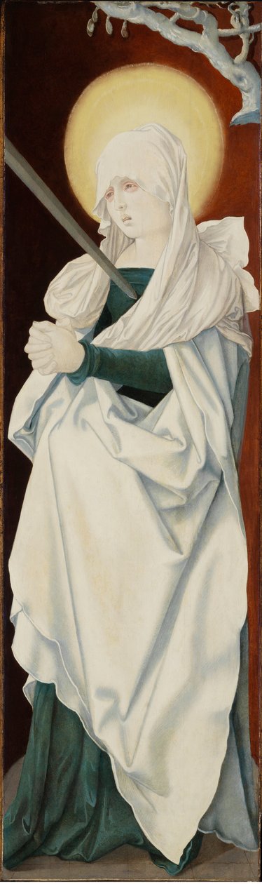 La Vierge des douleurs - The Virgin of Sorrows (Mater dolorosa), by Baldung (Baldung Grien), Hans (1484-1545). Oil on wood, c. 1516. Dimension : 152,2x46 cm. Szepmuveszeti Muzeum, Budapest 作者 汉斯·巴尔登·格里恩