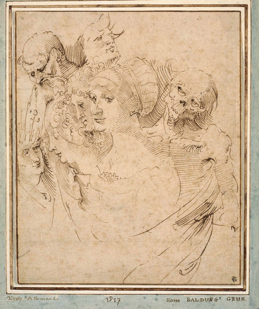 ""La mort representee avec sept tetes"" (The death between seven heads) Dessin de Hans Baldung (Baldung Grien)(1484-1545) vers 1515 Collection privee 作者 汉斯·巴尔登·格里恩