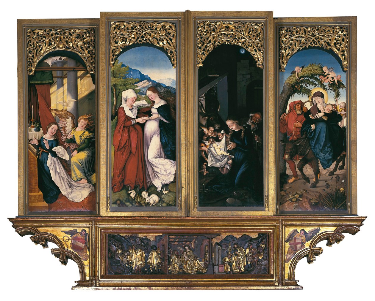 处女生活中的场景：天使报喜、探望、耶稣诞生和飞往埃及的旅程。 Hans Baldung dit Grien (1485-1544) 德国弗莱堡圣母大教堂祭坛的木头绘画（绘画在 w 作者 汉斯·巴尔登·格里恩