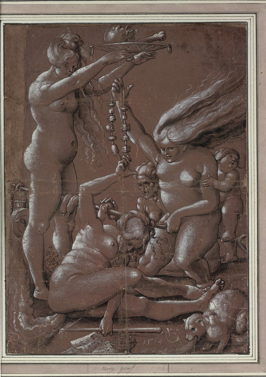 女巫的安息日(根据Hans Baldung) par Graf, Urs (c. 1485-1527/28).钢笔、毛笔、墨水、白颜色，纸上，尺寸：29.5x21.7 作者 汉斯·巴尔登·格里恩