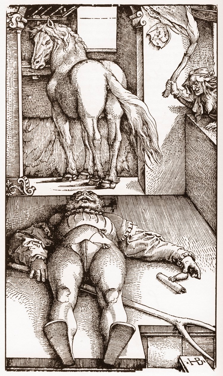 被迷惑的Palefrenier--（沉睡的新郎和女巫）木刻版画，作者是Hans Baldung Grien（1485-1544），大约在1544年--。 作者 汉斯·巴尔登·格里恩