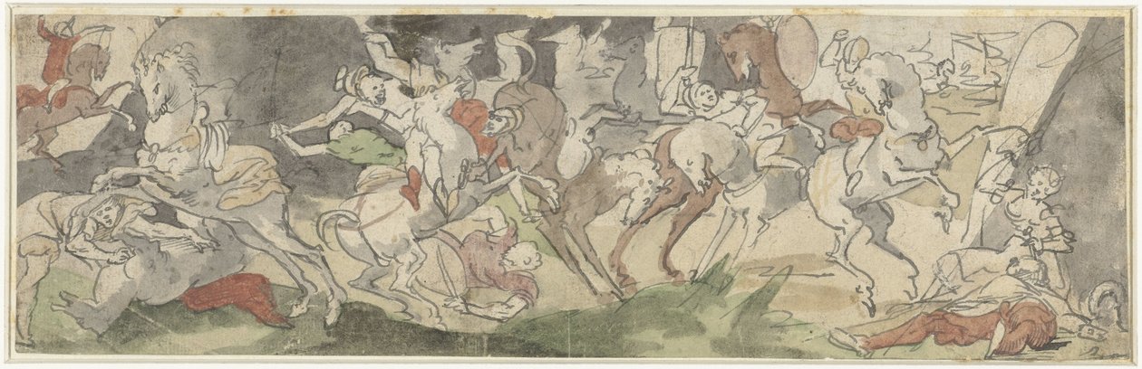 有骑兵的战斗场景，右侧为雅尔和西西拉 作者 汉斯·博克（小）