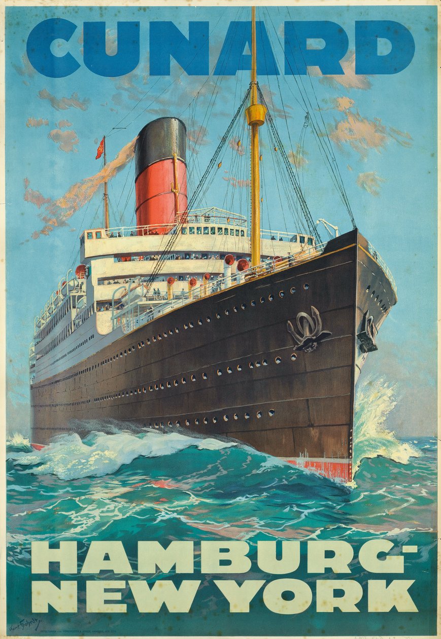冠达航运公司在汉堡和纽约之间旅行的海报广告（彩色版画） 作者 汉斯·博尔特