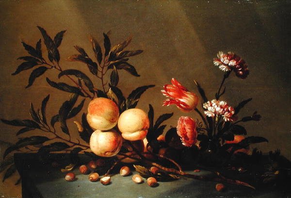 桃子和花的静物，1641年 作者 汉斯·博隆吉尔