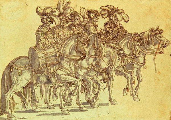 马背上的五位鼓手，约1500年（纸上水墨笔）。 作者 汉斯·伯格克米尔
