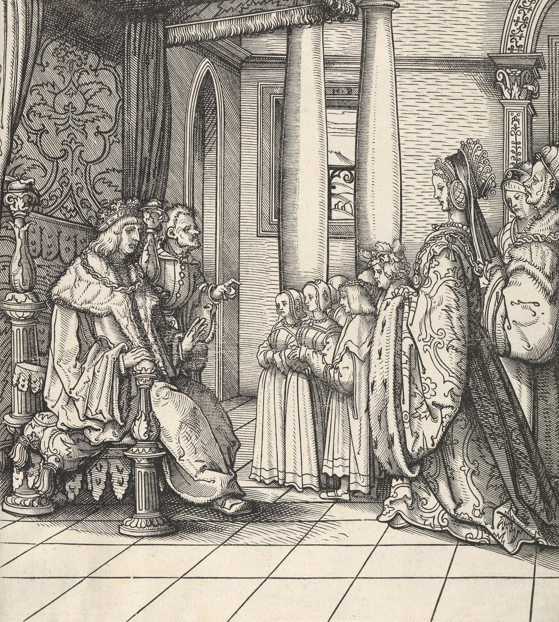 白人国王接受他的女儿玛格丽特和菲利普国王的孩子，来自Der Weisskunig，1514-16 作者 汉斯·伯格克米尔