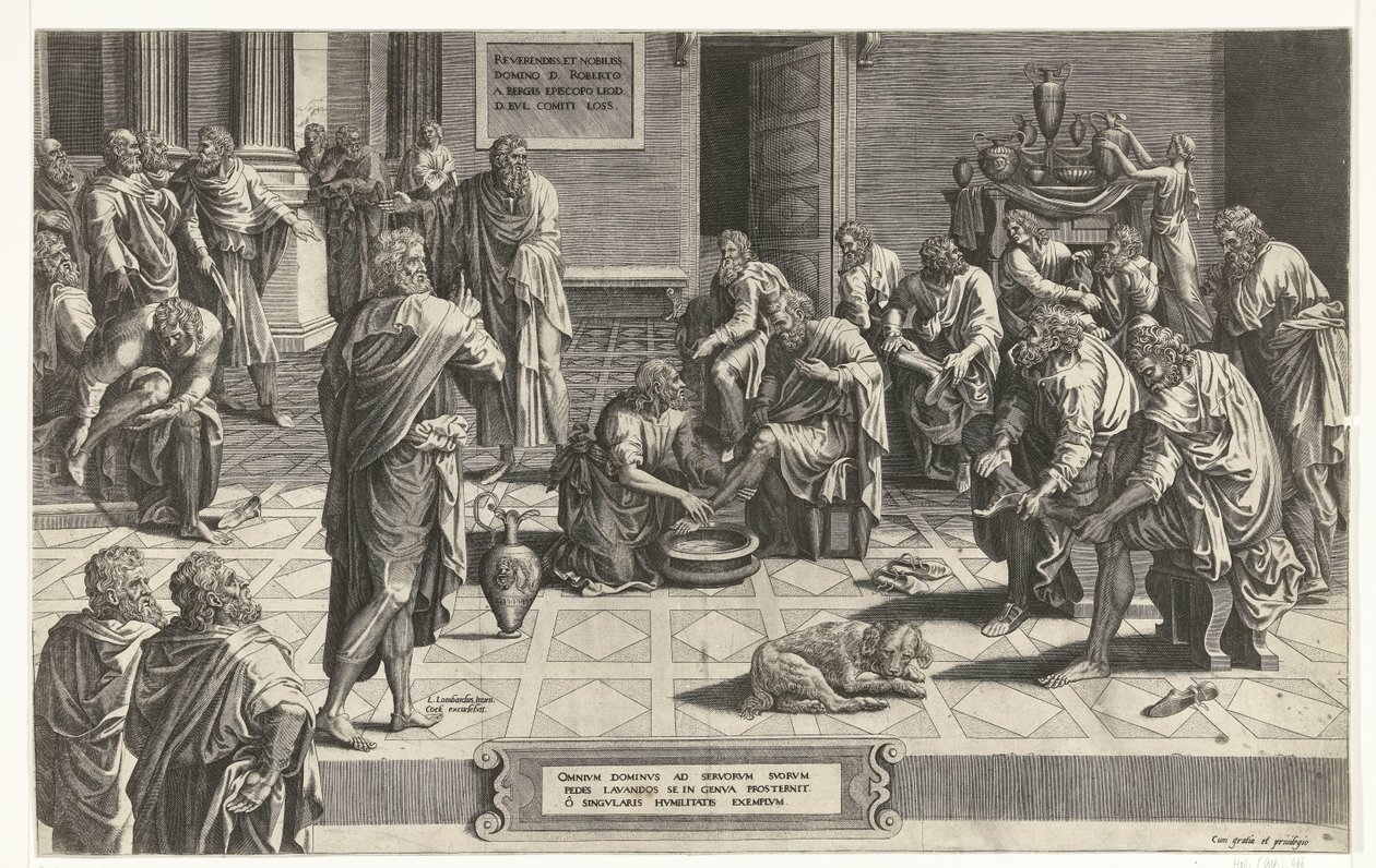 基督为门徒洗脚
Omnium Dominus ad servorum suroum pedes lavandos se in genua prosternit o singularis humilitatis exemplum（物上标题） 作者 Hans Collaert (I) (归属于)