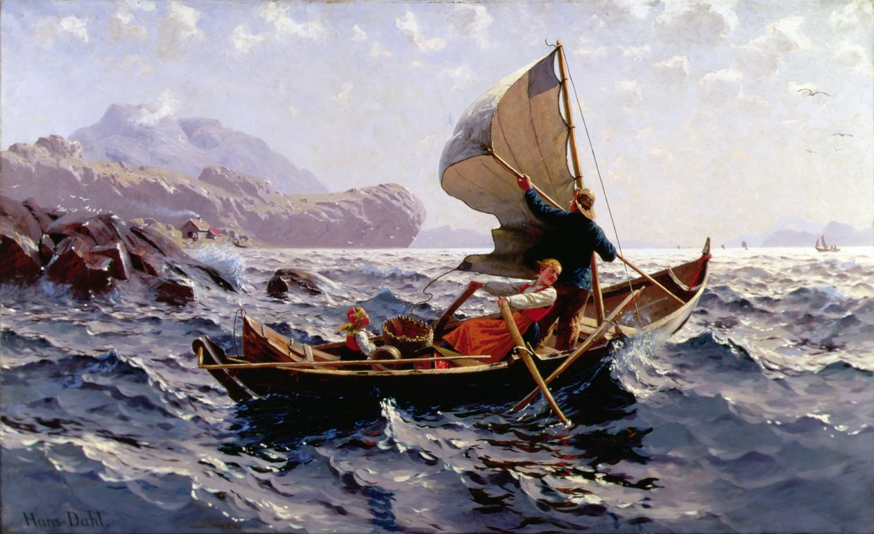一艘挪威渔船，卑尔根附近（布面油画） 作者 汉斯·达尔