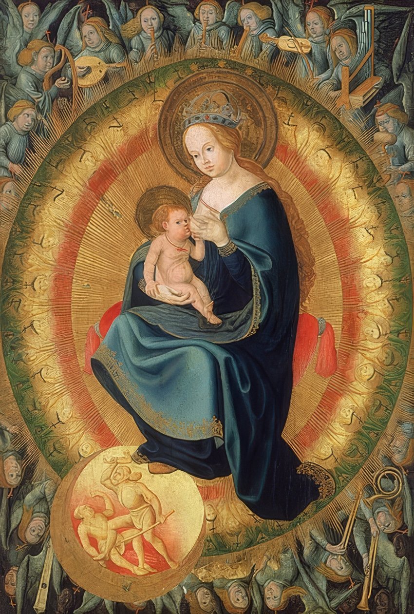 玛丽亚（Maria）以天使般的荣耀喂养孩子。 1500-10 作者 汉斯·弗里斯